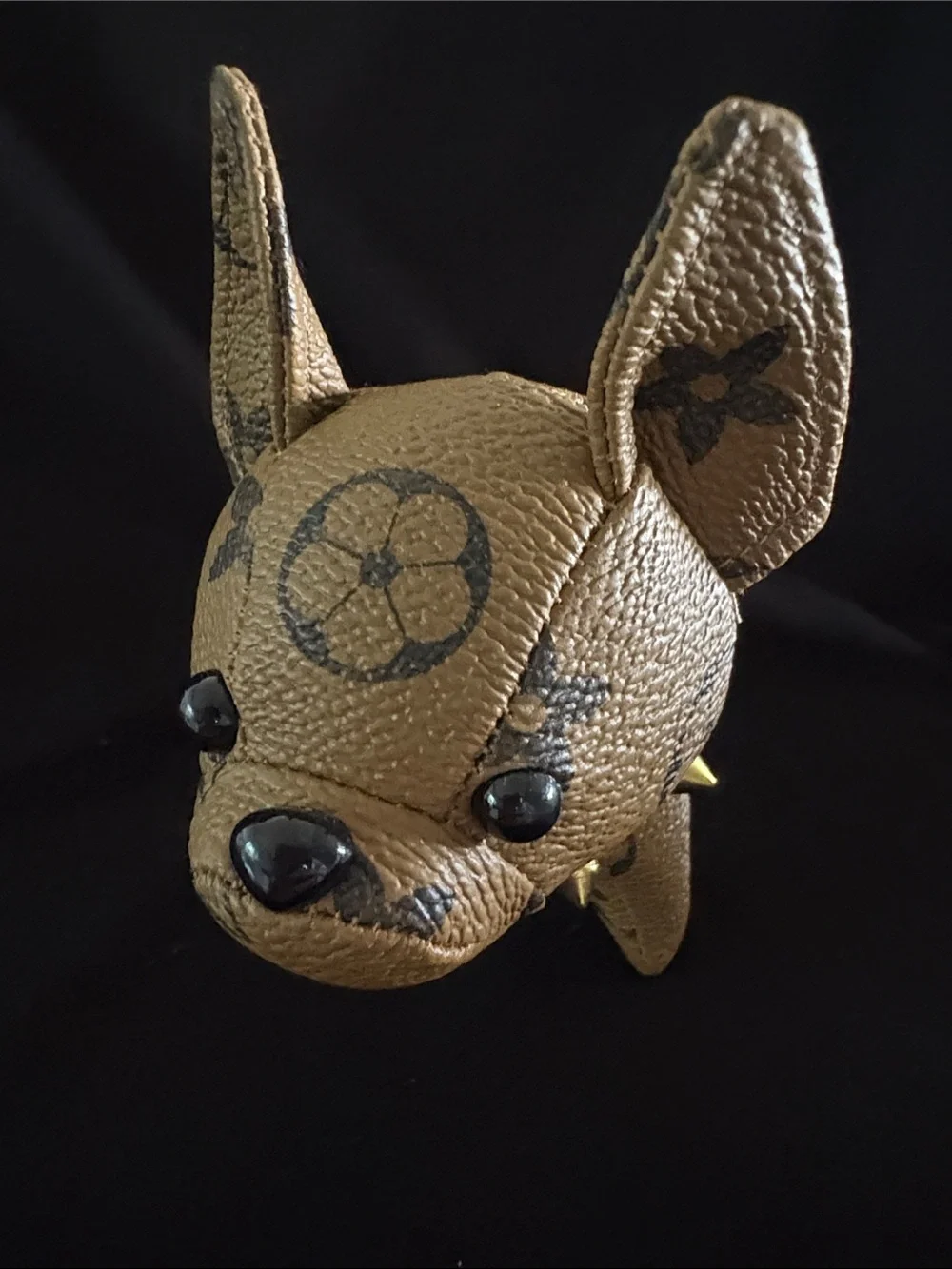 Tan Fashion Bulldog Keychain Bag Charm with Gold Hardware and Monogram Pattern